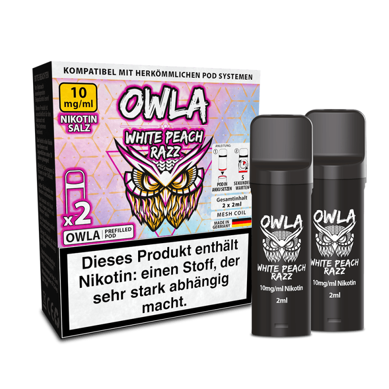 2x OWLA Einweg Pod - White Peach Razz, Vape, Pod-System, Nikotin-Salz, Weißpfirsich