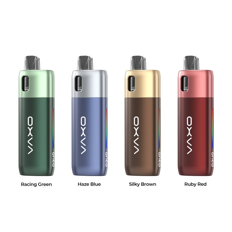 Vape-Gerät, Vape-Pod, Plastikflasche, Bunte Deckel, Oxvo Marke Sichtbar, E-Zigaretten, Vape, Vape-Pens, Racing Green, Silky Brown, Vape, Vape-Gerät, E-Zigarette, Pod-System, Bunt, Vape, Vape Pod, Racing Green, Haze Blue, Silky Brown