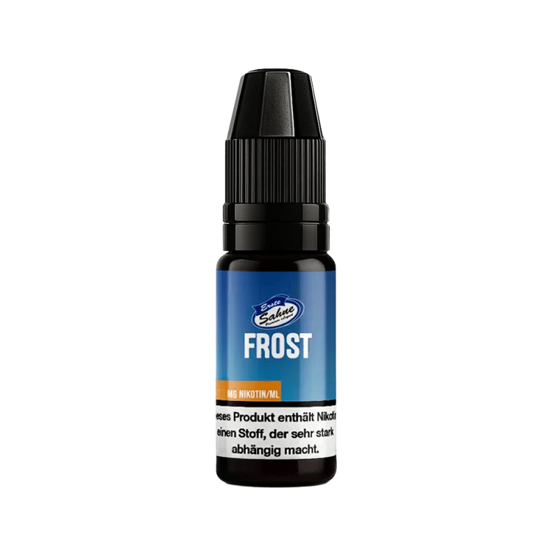 Erste Sahne Liquid - Frost - 10ml, E-Zigarette, Frost, Nikotinsalz, Fläschchen, Liquid, E-Liquid, Nikotinhalt, Flasche, Frost, Warnhinweis, E-Liquid, Nikotinstoff, Flaschenetikett, Frost, Dampf-Aroma