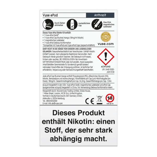 Vuse ePod Starter Kit Anthrazit Nic Salts 18mg